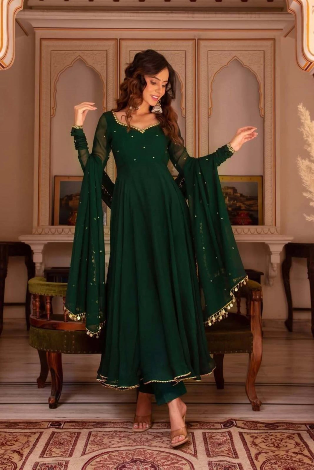 Dark Green Georgette Anarkali Suit with Bell Sleeves — Trendy Green Outfits