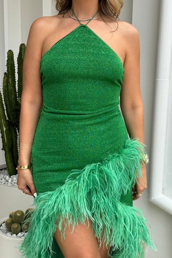 Sparkling Emerald Green Lurex Mini Dress with Feathers — Trendy Green Outfits