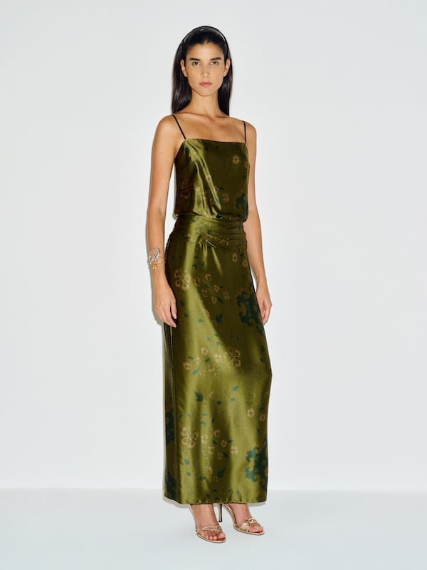 Olive Green Satin Camisole and Ruched Maxi Skirt Set — Trendy Green Outfits