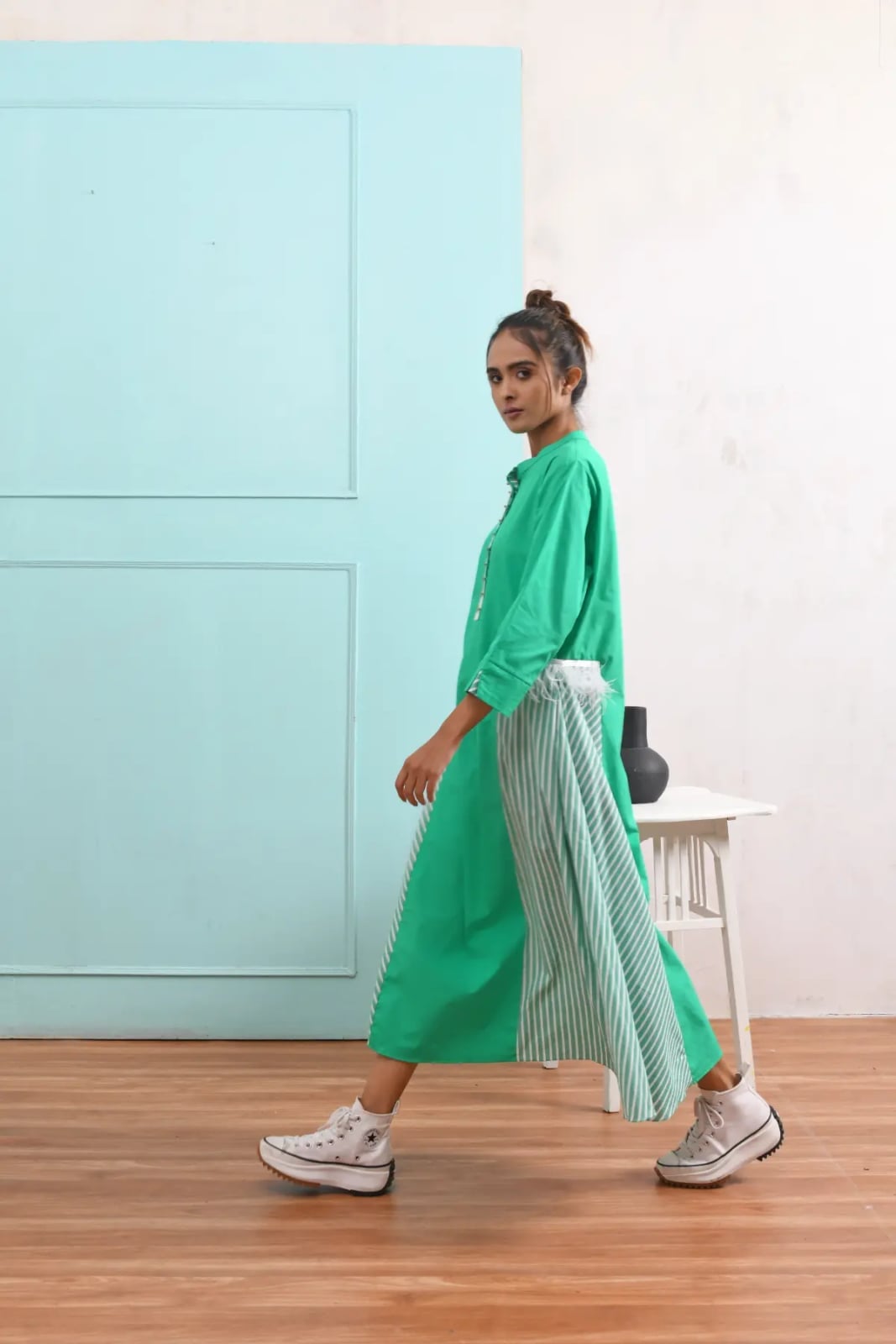 Bright Green Midi Dress with Contrasting Striped Panels, Close-Up Take — Trendy Green Outfits