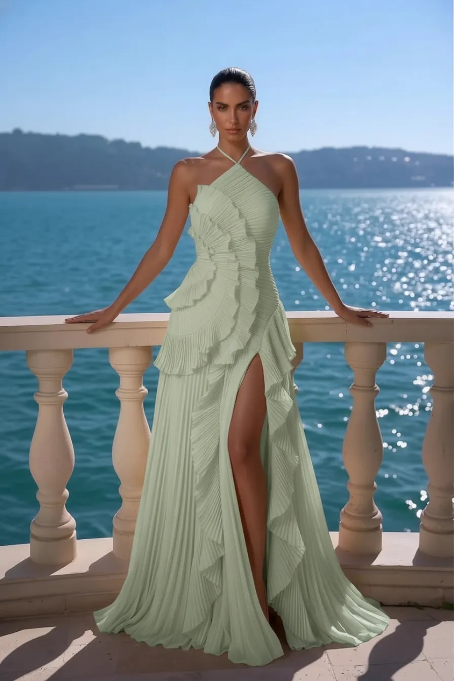 Sage Green Ruffled Halter Neck Maxi Dress — Trendy Green Outfits