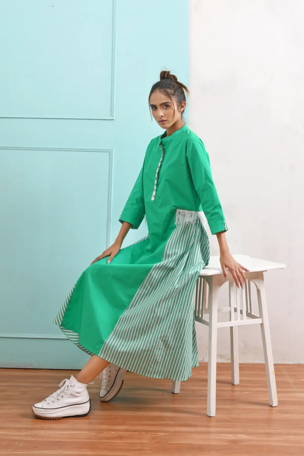 Green Midi Dress with Contrasting Striped Skirt Panels — Trendy Green Outfits