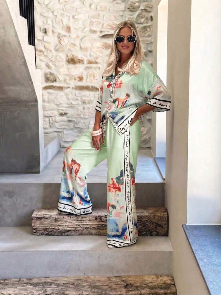 Light Green Printed Pajama Trousers with Matching Shirt Light Green Printed Pajama Trousers with Matching Shirt — Trendy Green Pants Outfits