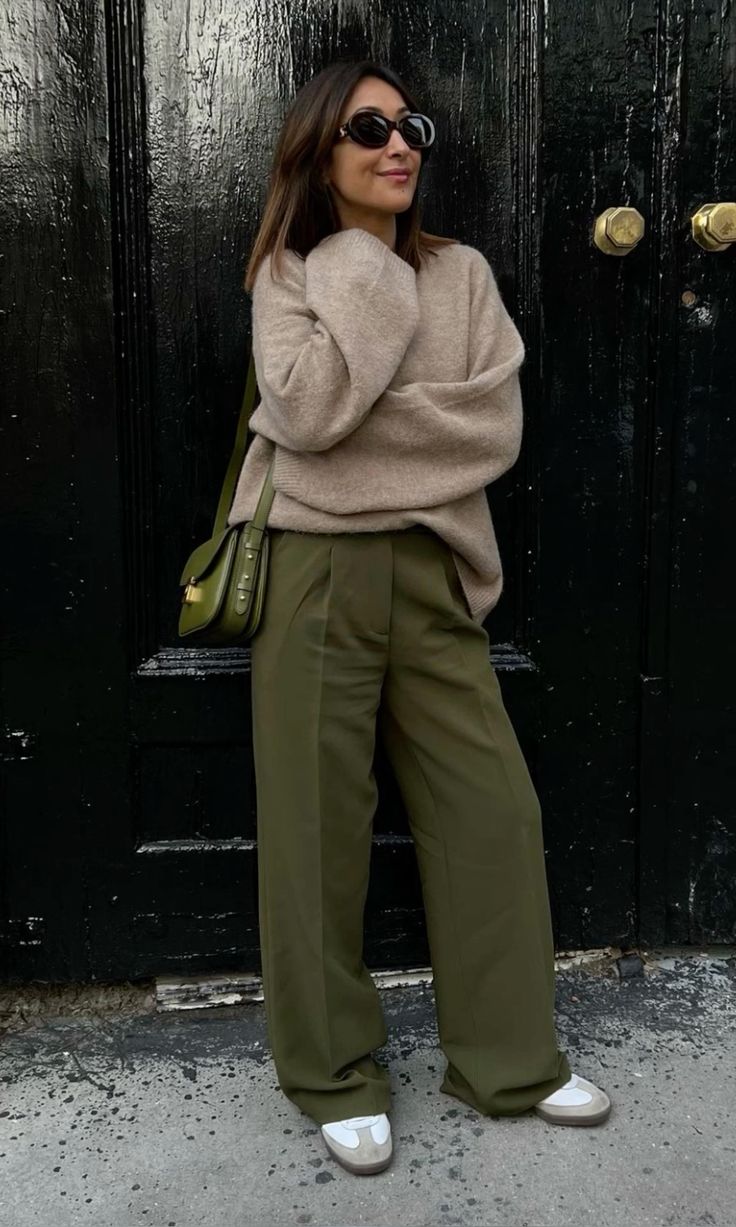 Olive Green Wide-Leg Trousers with Oversized Sweater Olive Green Wide-Leg Trousers with Oversized Sweater — Trendy Green Pants Outfits