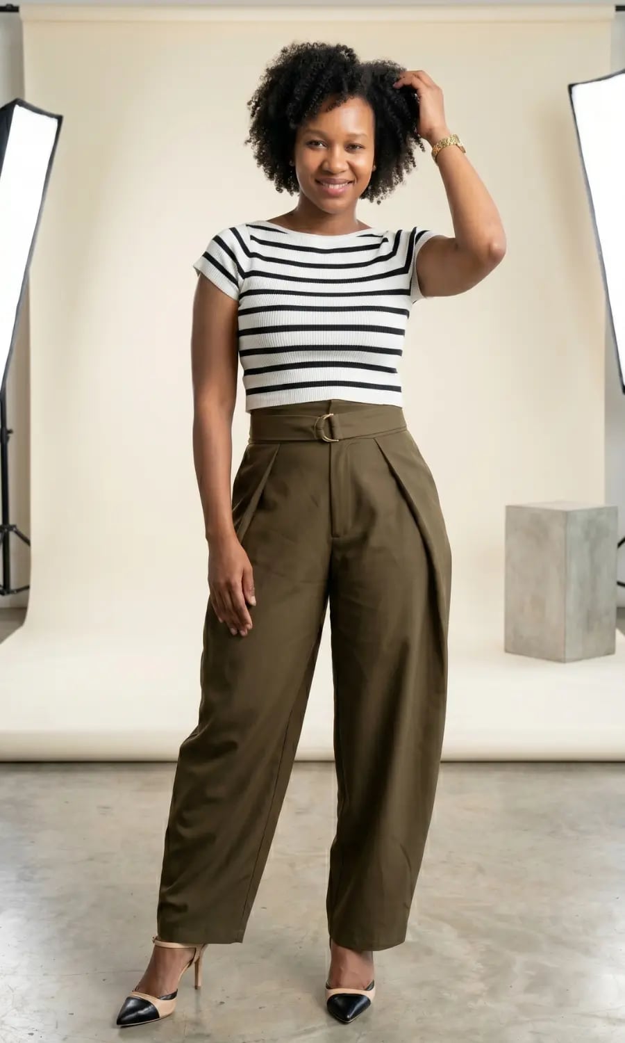 Olive Green High-Waisted Wide-Leg Pants with Stripes Olive Green High-Waisted Wide-Leg Pants with Stripes — Trendy Green Pants Outfits