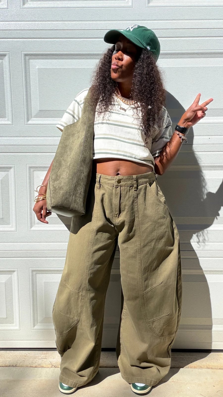 Oversized Olive Green Cargo Pants with Stripes Oversized Olive Green Cargo Pants with Stripes — Trendy Green Pants Outfits