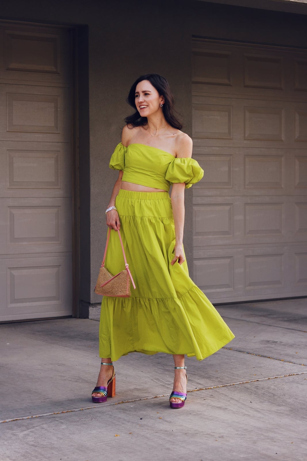 Lime Green Off-Shoulder Crop Top and Tiered Maxi, Office-Safe Version Lime Green Off-Shoulder Crop Top and Tiered Maxi, Office-Safe Version — Trendy Green Top Outfits