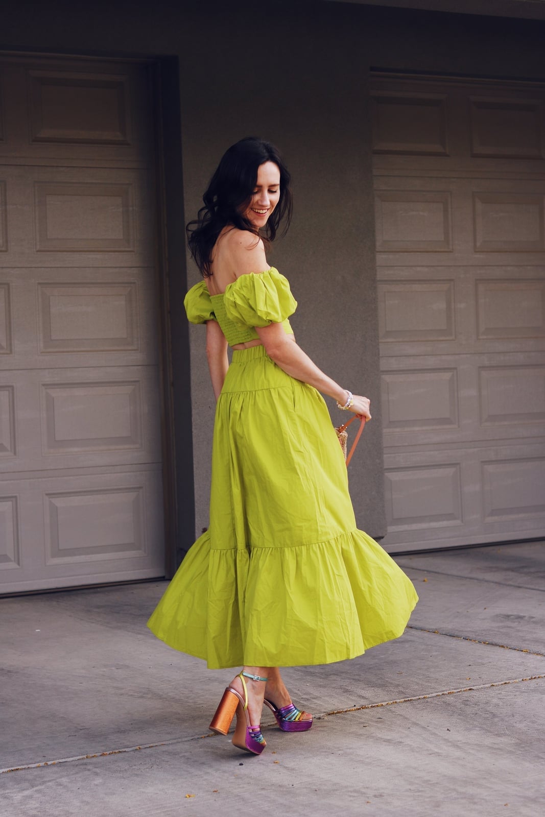 Lime Green Off-Shoulder Crop Top with Tiered Maxi Skirt Lime Green Off-Shoulder Crop Top with Tiered Maxi Skirt — Trendy Green Top Outfits