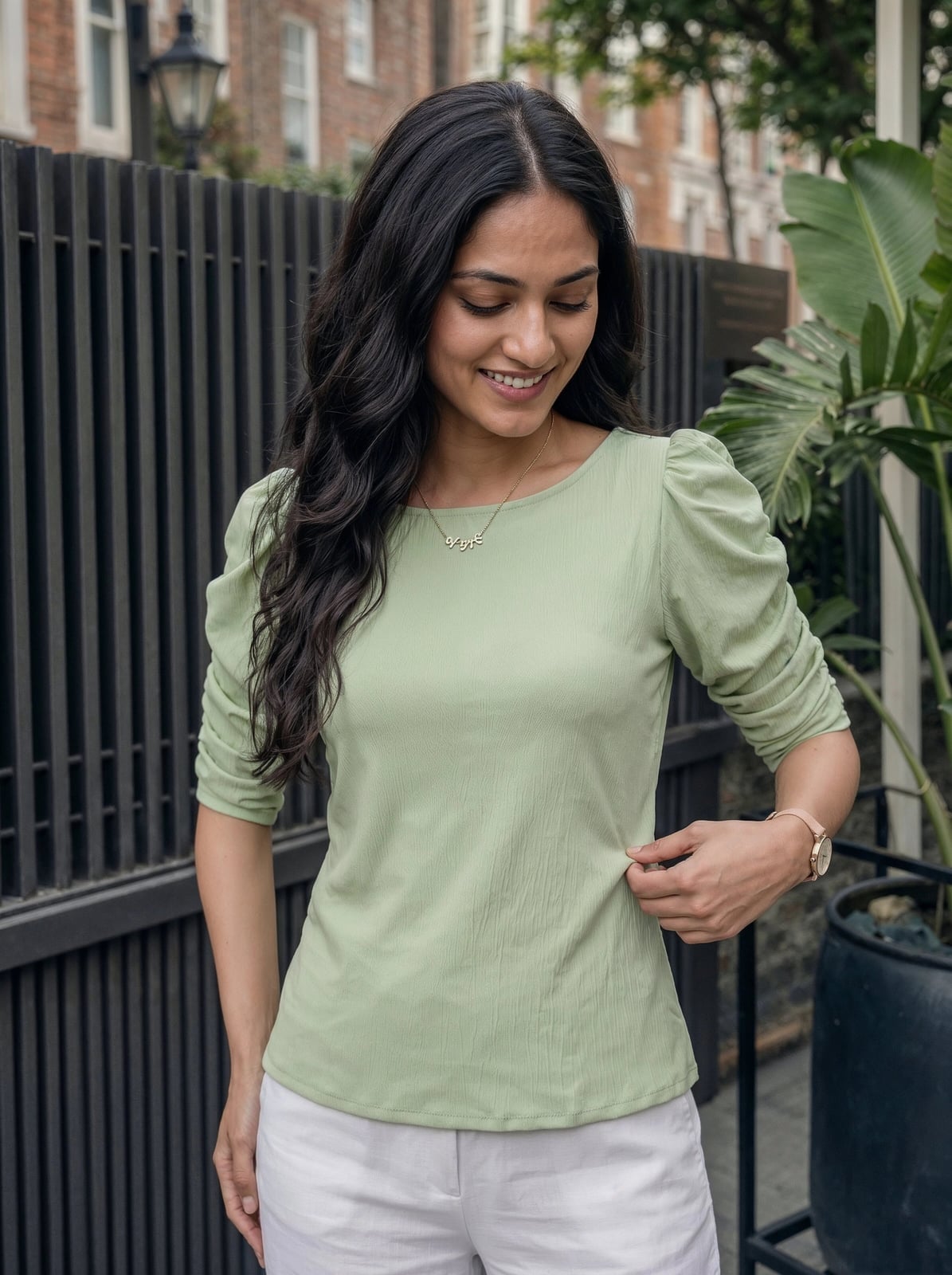 Sage Green Puff Sleeve Top with White Trousers Sage Green Puff Sleeve Top with White Trousers — Trendy Green Top Outfits