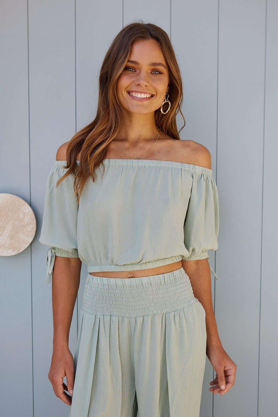 Sage Green Off-Shoulder Crop Top with Smocked Shorts Sage Green Off-Shoulder Crop Top with Smocked Shorts — Trendy Green Top Outfits