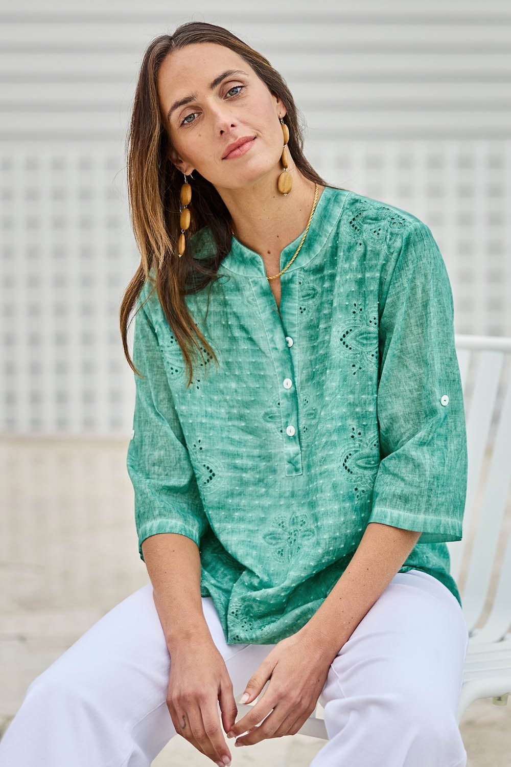 Green Embroidered Cotton Shirt with White Trousers Green Embroidered Cotton Shirt with White Trousers — Trendy Green Top Outfits