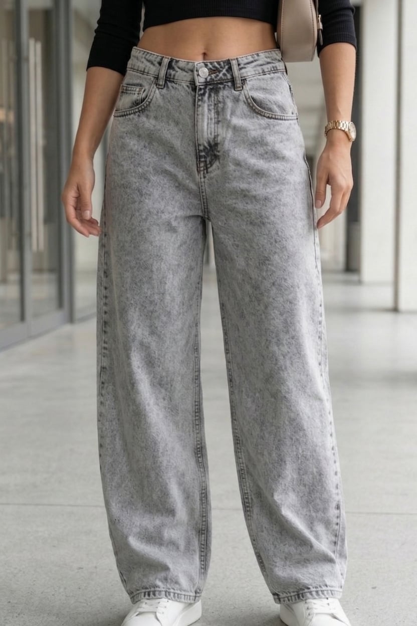 Acid Wash Barrel-Fit Grey Jeans with Sneakers — Trendy Grey Jeans Outfits