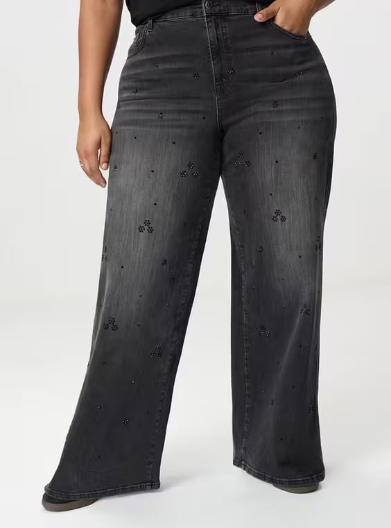 Embellished Dark Grey Wide-Leg Jeans — Trendy Grey Jeans Outfits