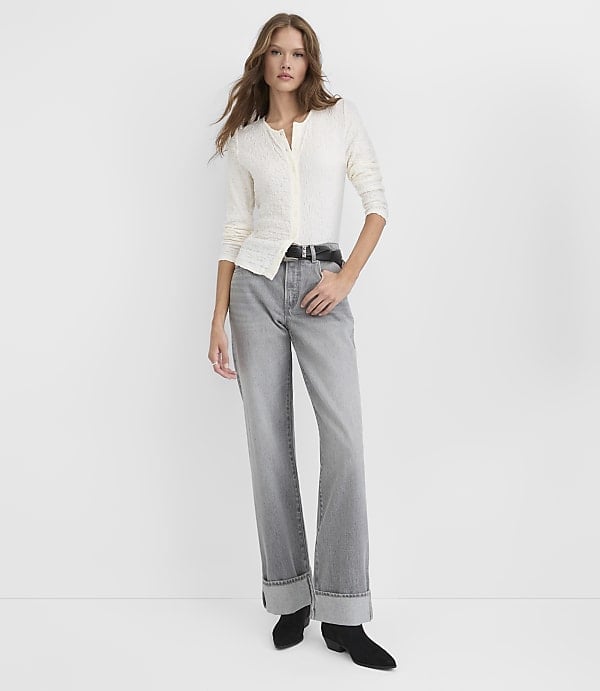 Grey Wide-Leg Jeans with Cuffed Hem and Cardigan — Trendy Grey Jeans Outfits