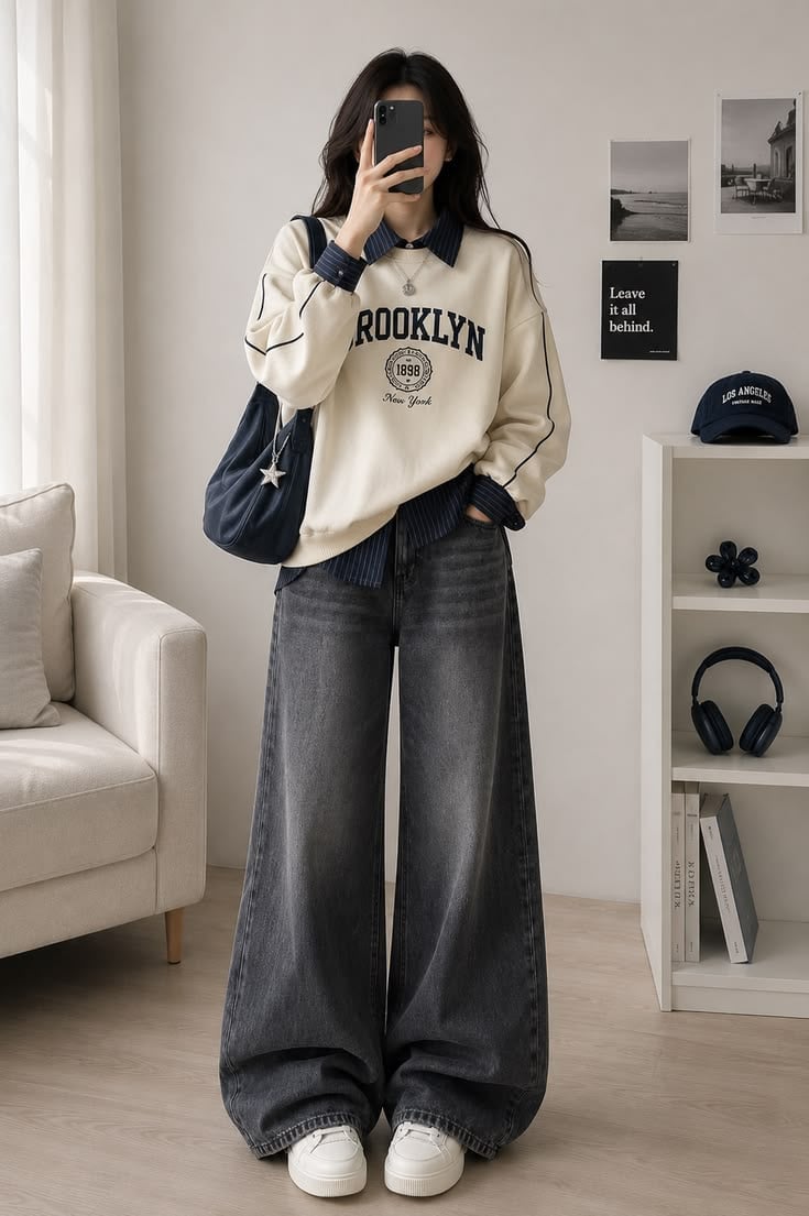 Oversized Baggy Grey Jeans and Layered Tops — Trendy Grey Jeans Outfits