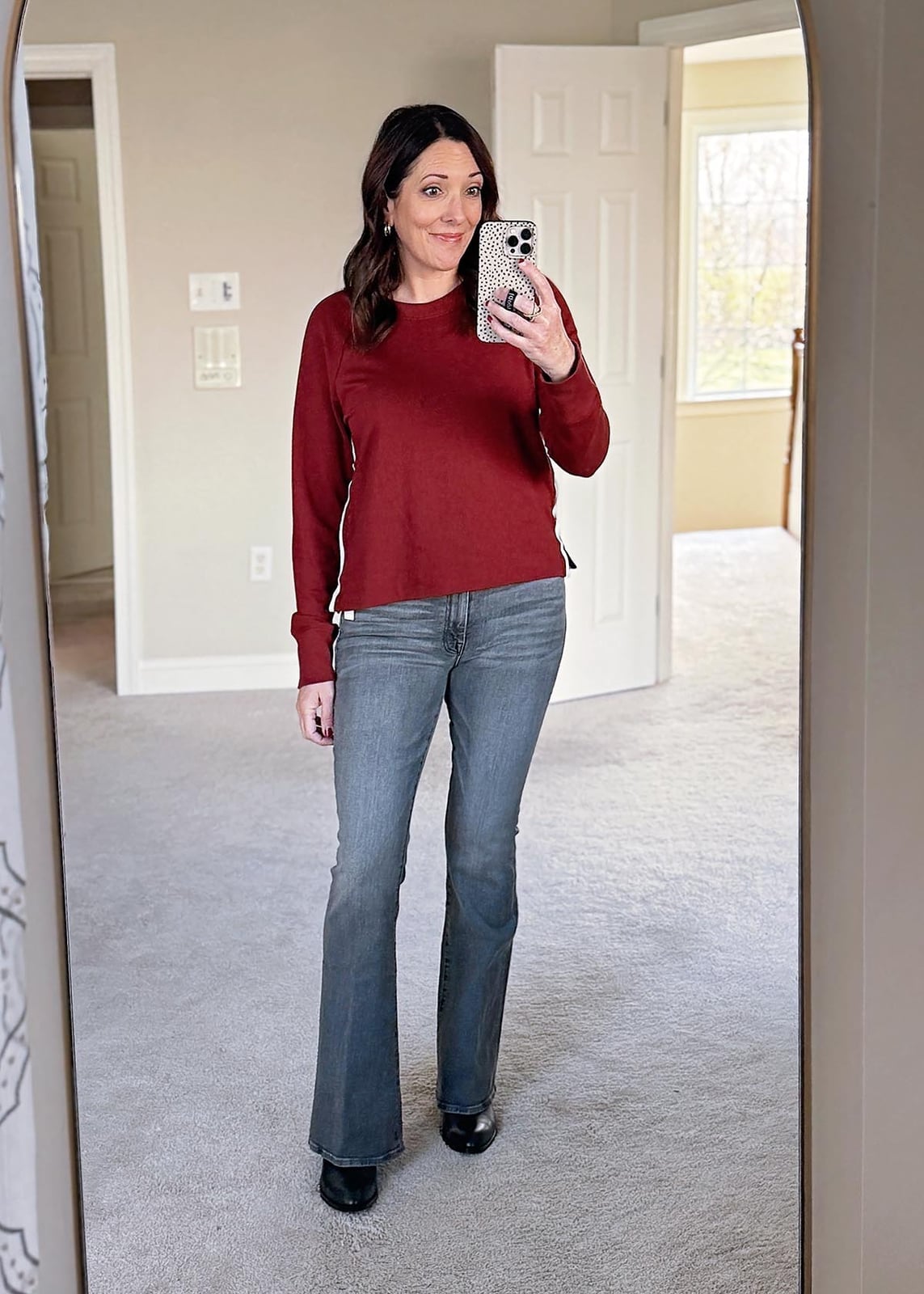 Grey Flare Jeans with a Red Long-Sleeve Top — Trendy Grey Jeans Outfits