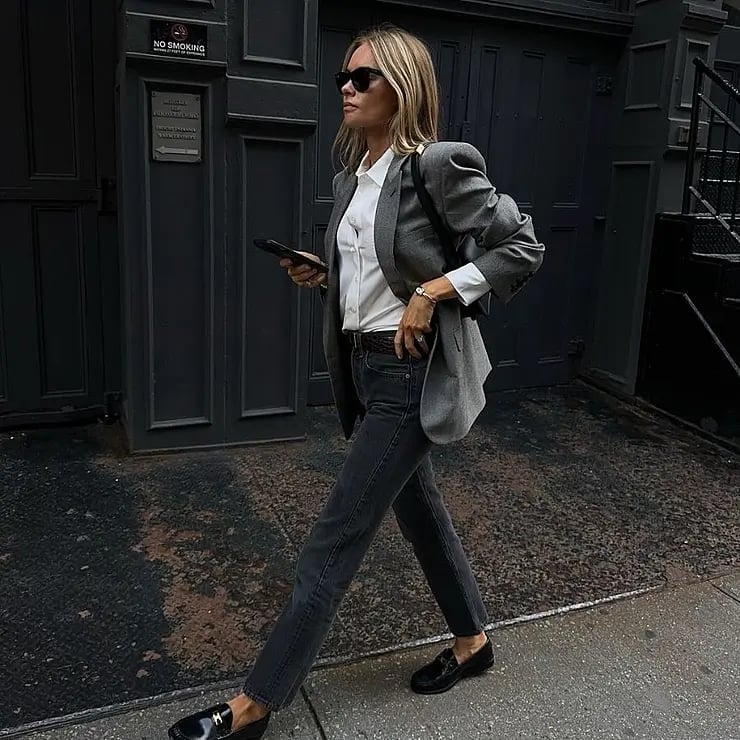 Straight-leg Grey Jeans with a White Shirt and Blazer — Trendy Grey Jeans Outfits