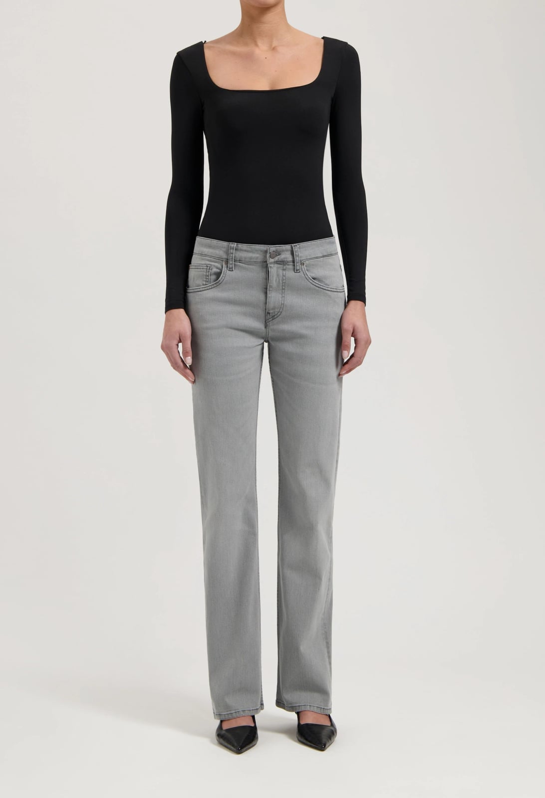 Light Grey Straight-Leg Jeans and a Square-Neck Top — Trendy Grey Jeans Outfits