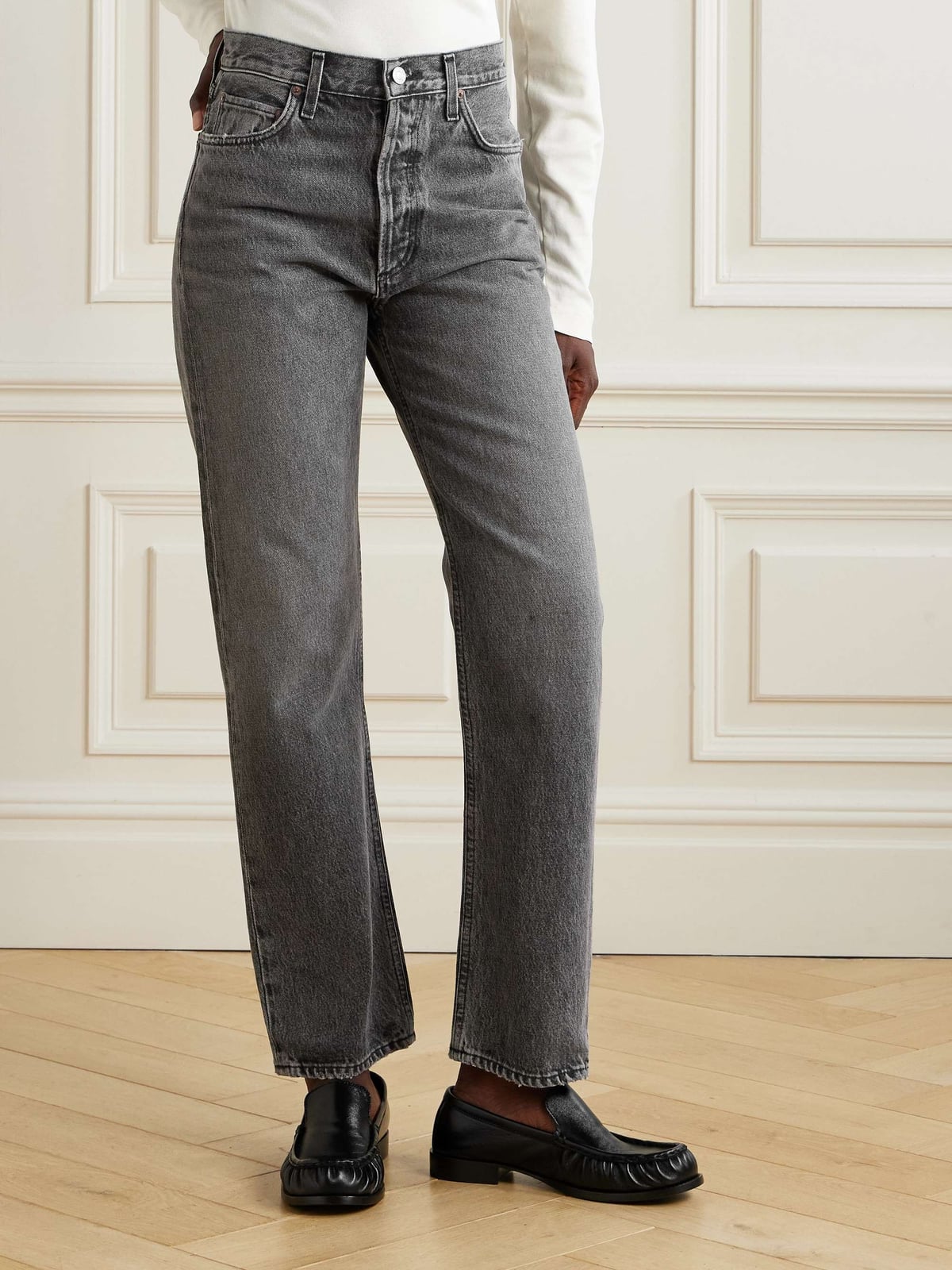 Textured Dark Grey Straight-Leg Jeans — Trendy Grey Jeans Outfits