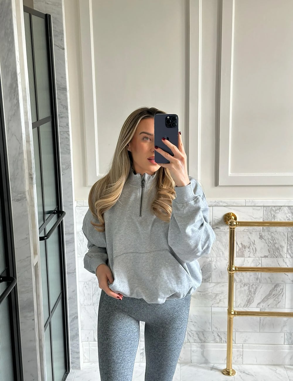Grey Leggings With Quarter Zip Hoodie Grey Leggings With Quarter Zip Hoodie — Trendy Grey Leggings Outfit