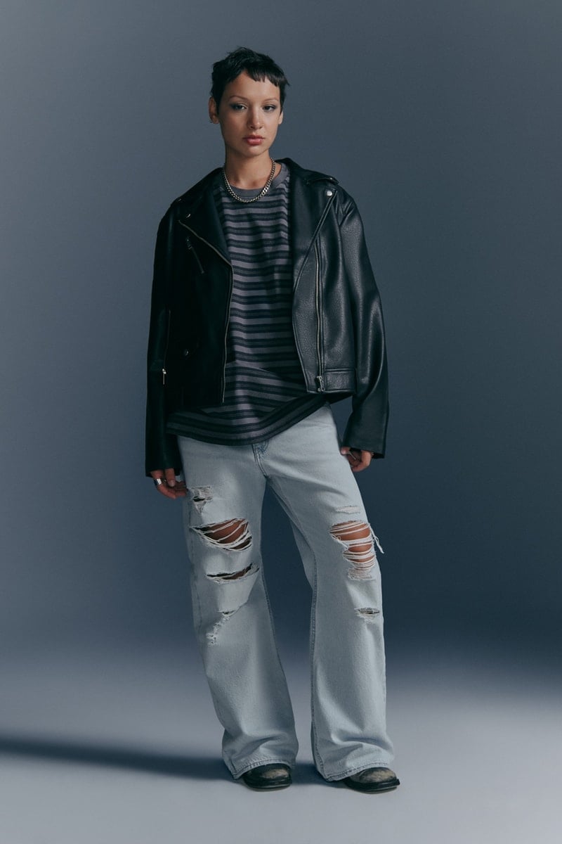 Leather Jacket with Striped Tee and Ripped Jeans — Trendy Grunge Outfits
