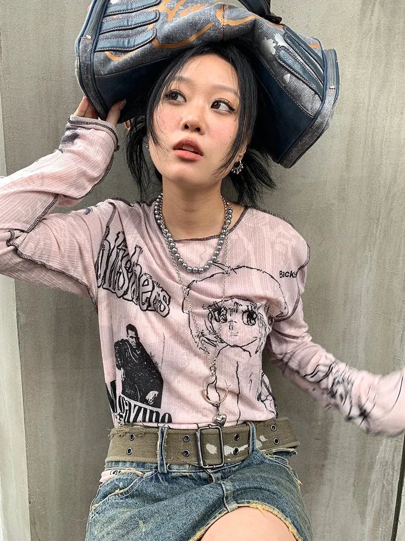 Graphic Top with Distressed Denim Skirt — Trendy Grunge Outfits