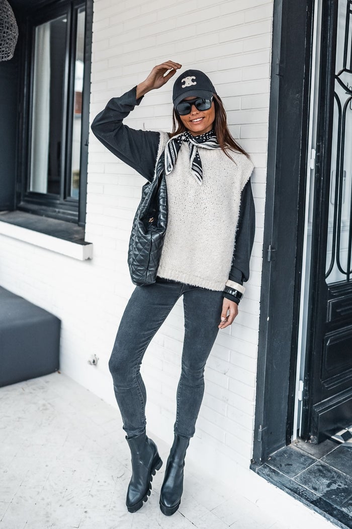 Knit Vest Over Long Sleeve Top and Skinny Jeans — Trendy Grunge Outfits