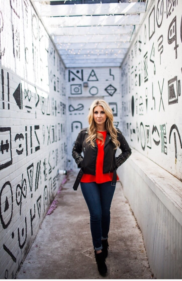 Studded Leather Jacket with Red Top — Trendy Grunge Outfits