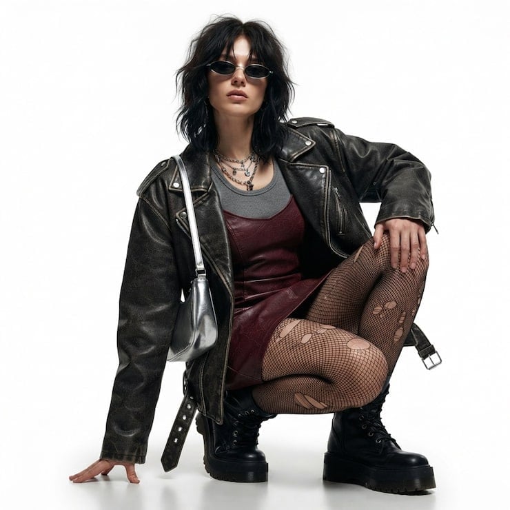 Leather Jacket with Burgundy Slip Dress — Trendy Grunge Outfits