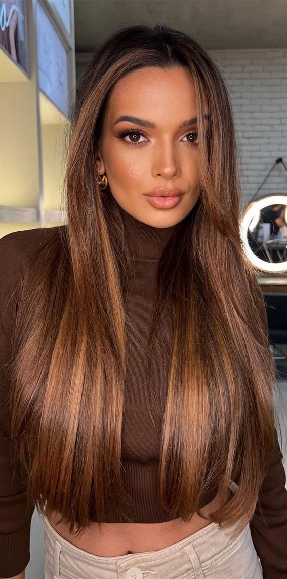 Mid-Back Dark Brown With Caramel Highlights — Trendy Hair Pictures