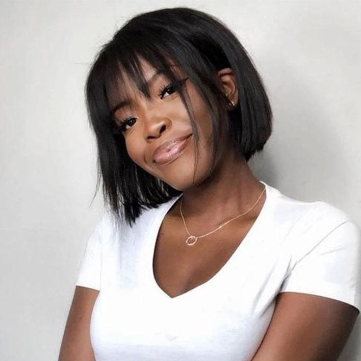 Black Chin Length Bob With Blunt Bangs — Trendy Hairstyles for Thick Hair
