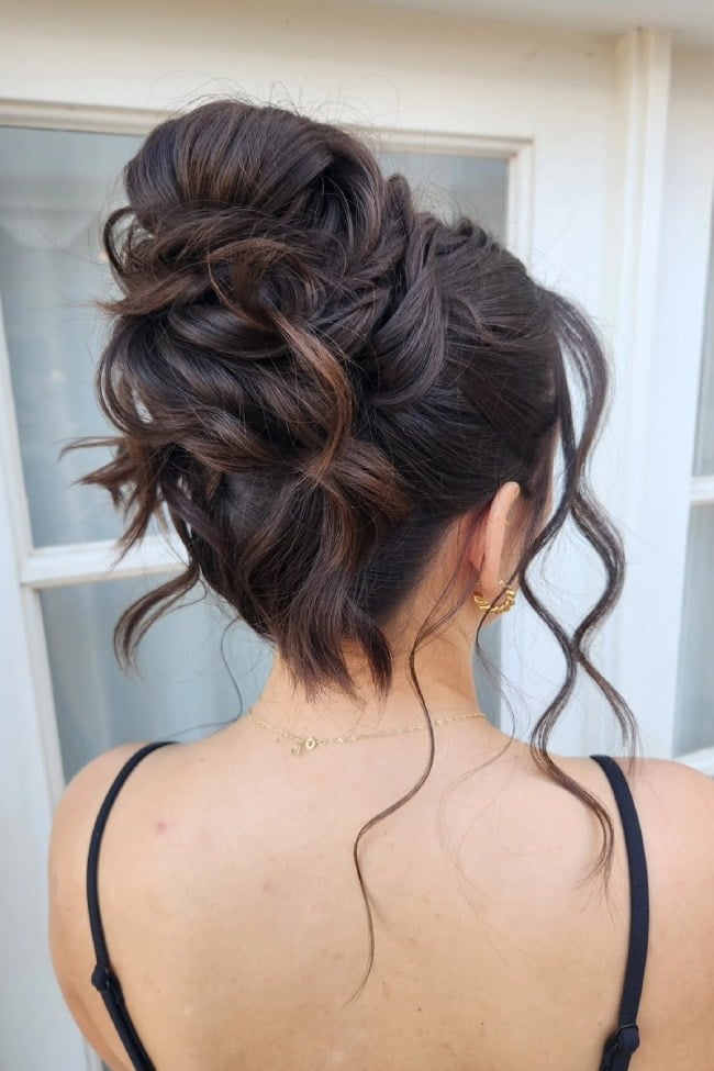 Messy Textured Dark Brown Bridal Updo — Trendy High Bun Hairstyles