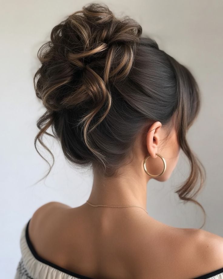 Dark Brown Bun With Caramel Highlights — Trendy High Bun Hairstyles