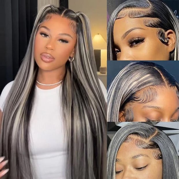 Mid-Back Straight Black With Platinum Blonde Highlights Mid-Back Straight Black With Platinum Blonde Highlights — Trendy Highlights Wig