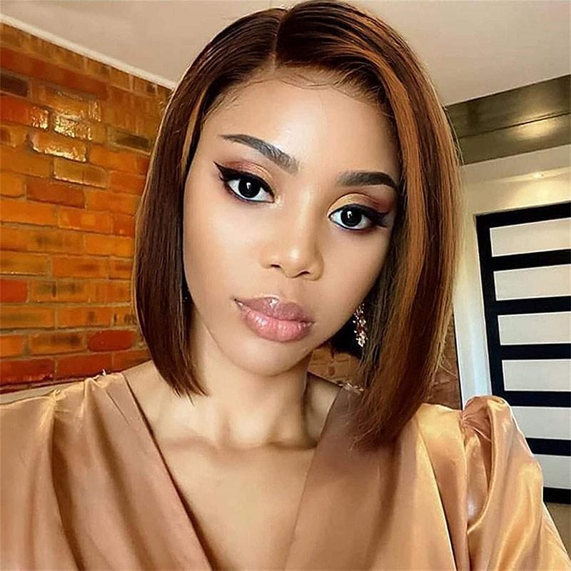 Collarbone Bob With Curtain Bangs And Honey Blonde Highlights Collarbone Bob With Curtain Bangs And Honey Blonde Highlights — Trendy Highlights Wig