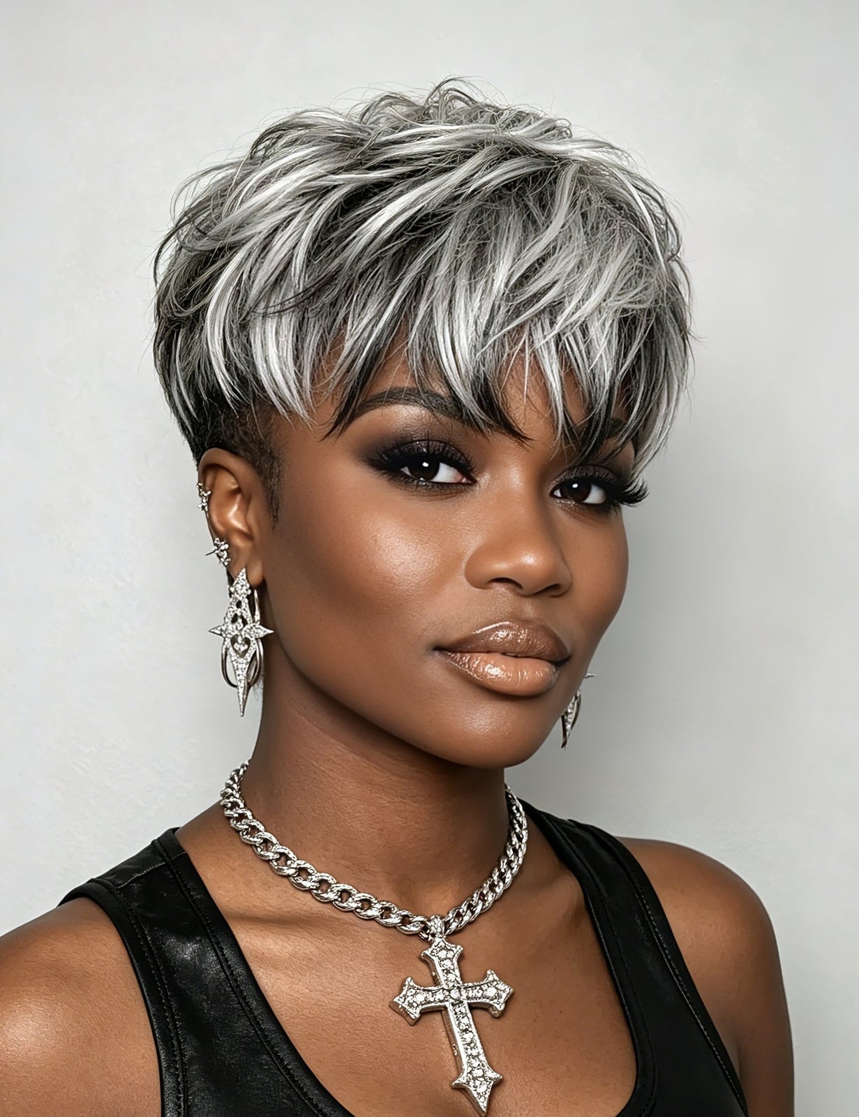 Pixie Cut Black With White Skunk Stripe Pixie Cut Black With White Skunk Stripe — Trendy Highlights Wig