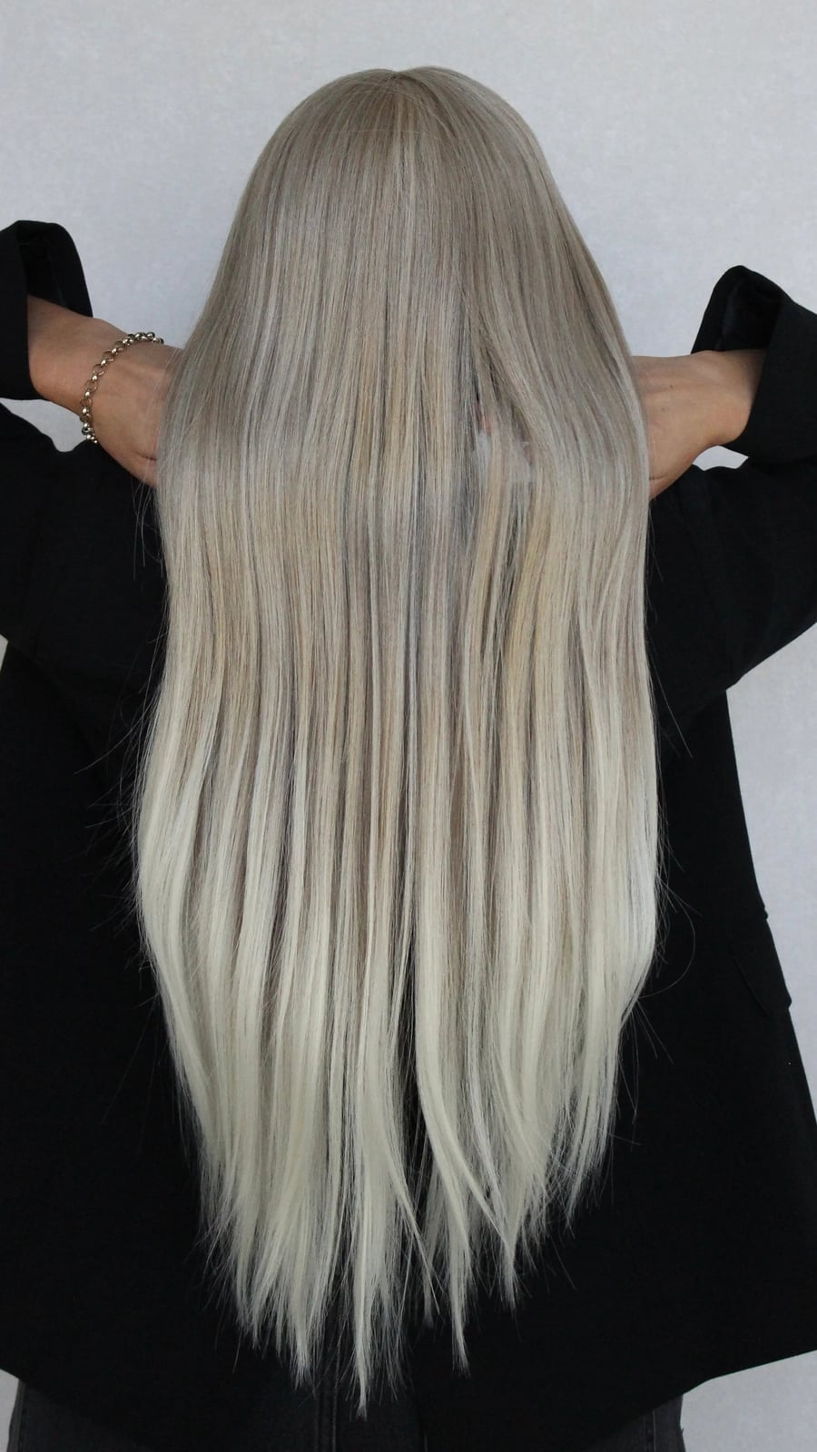 Back View Mid-Back Platinum Blonde With Ash Highlights Back View Mid-Back Platinum Blonde With Ash Highlights — Trendy Highlights Wig