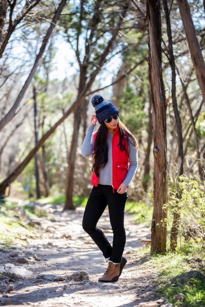 Red Puffer Vest Over Grey Shirt Red Puffer Vest Over Grey Shirt — Trendy Hiking Outfits