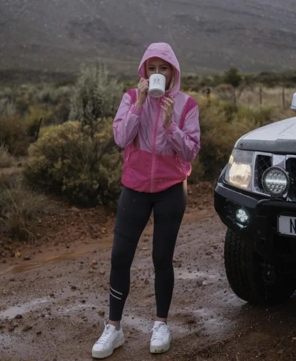 Pink Hooded Nylon Jacket With Striped Leggings Pink Hooded Nylon Jacket With Striped Leggings — Trendy Hiking Outfits