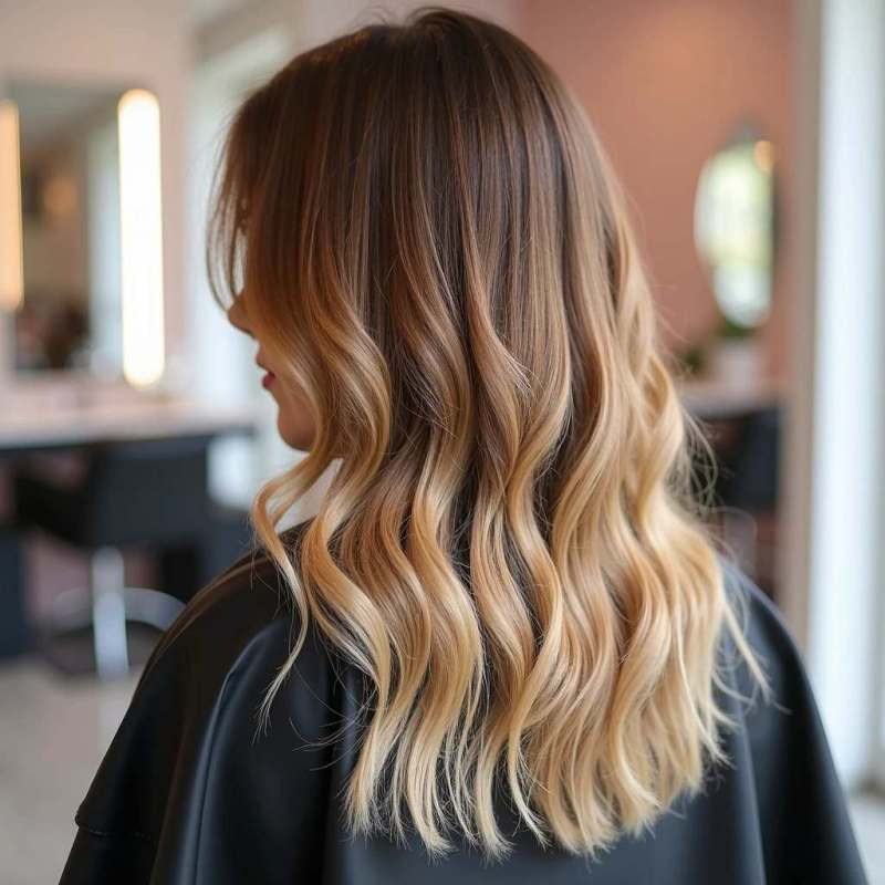 Back View Shoulder Balayage With Darker Base Back View Shoulder Balayage With Darker Base — Trendy Honey Blonde Balayage