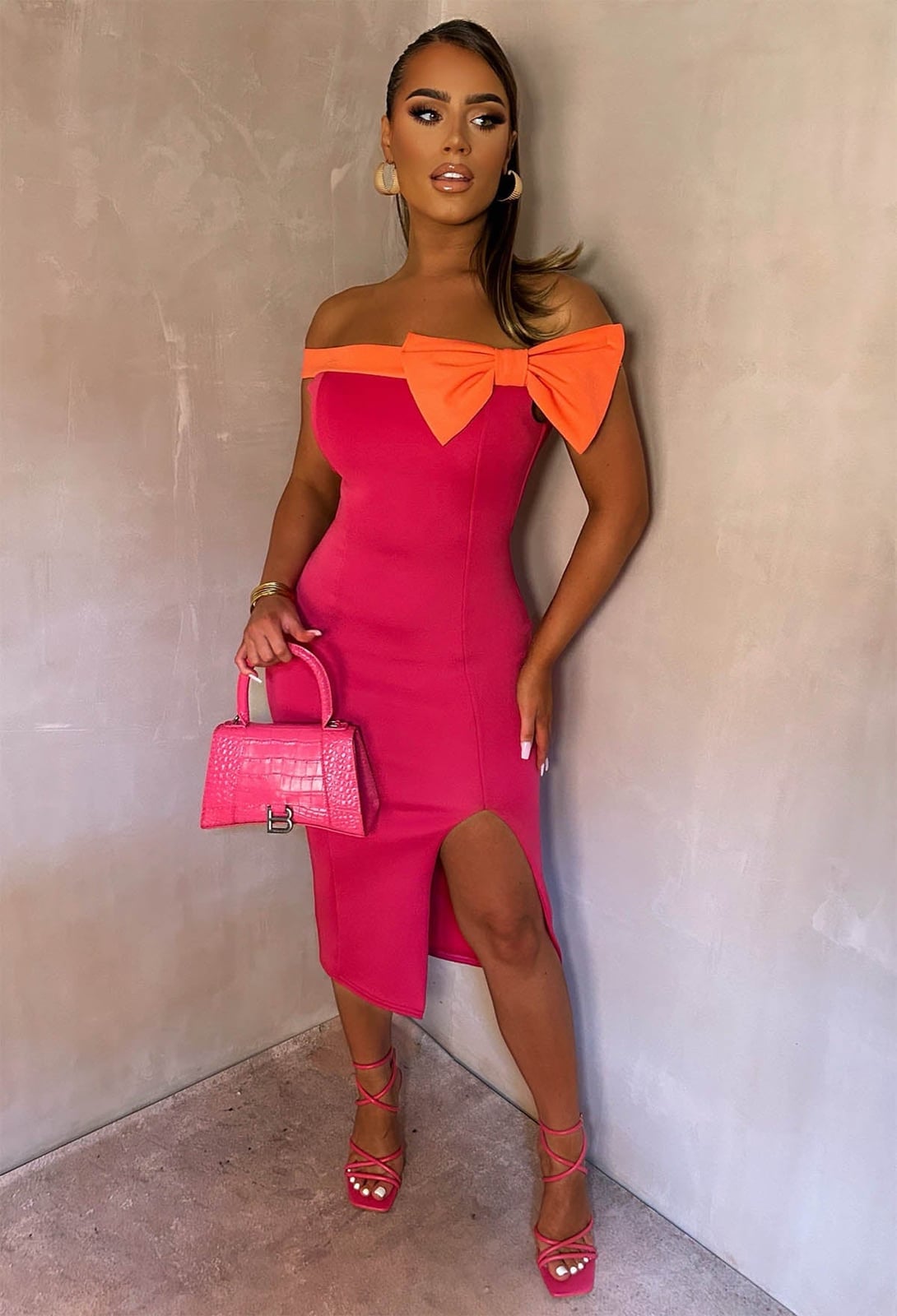 Hot Pink Off-The-Shoulder Midi Dress with Bow Hot Pink Off-The-Shoulder Midi Dress with Bow — Trendy Hot Pink Dress