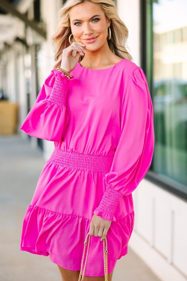 Hot Pink Crepe Smocked Dress with Balloon Sleeves Hot Pink Crepe Smocked Dress with Balloon Sleeves — Trendy Hot Pink Dress