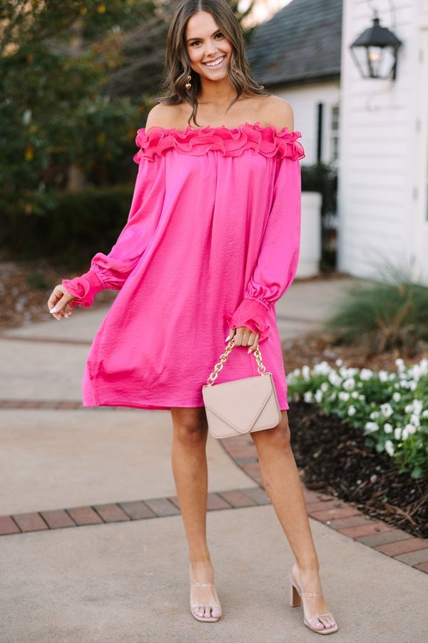 Hot Pink Satin Off-The-Shoulder Dress Hot Pink Satin Off-The-Shoulder Dress — Trendy Hot Pink Dress