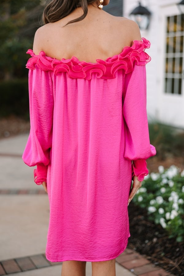 Hot Pink Satin Dress with Chiffon Ruffles Hot Pink Satin Dress with Chiffon Ruffles — Trendy Hot Pink Dress