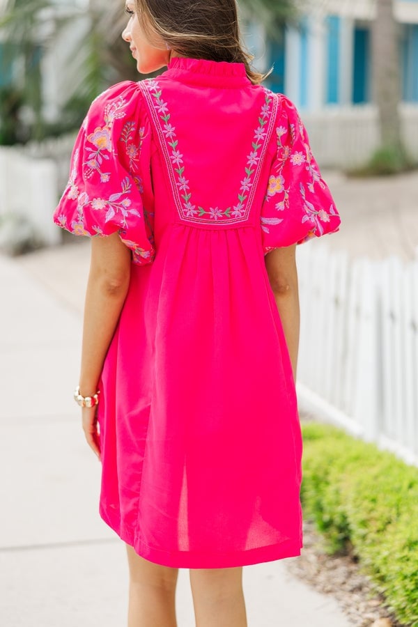 Hot Pink Babydoll Dress with Floral Embroidery Hot Pink Babydoll Dress with Floral Embroidery — Trendy Hot Pink Dress