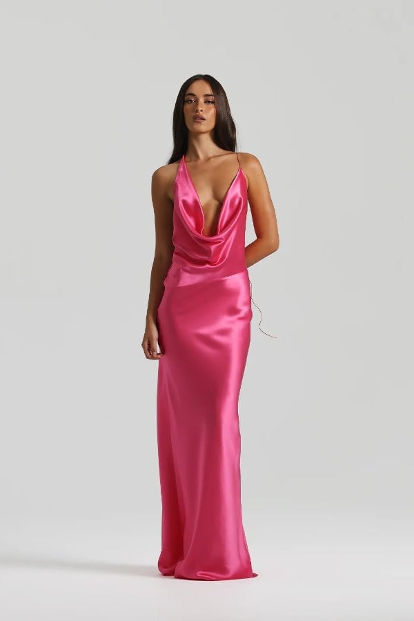 Hot Pink Satin Slip Dress for Evening Hot Pink Satin Slip Dress for Evening — Trendy Hot Pink Dress