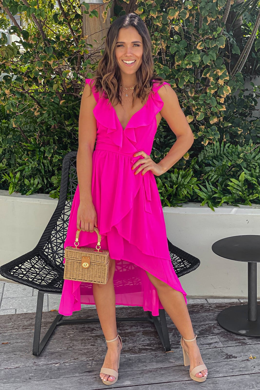Hot Pink Ruffled Wrap Dress with High-Low Hem Hot Pink Ruffled Wrap Dress with High-Low Hem — Trendy Hot Pink Dress