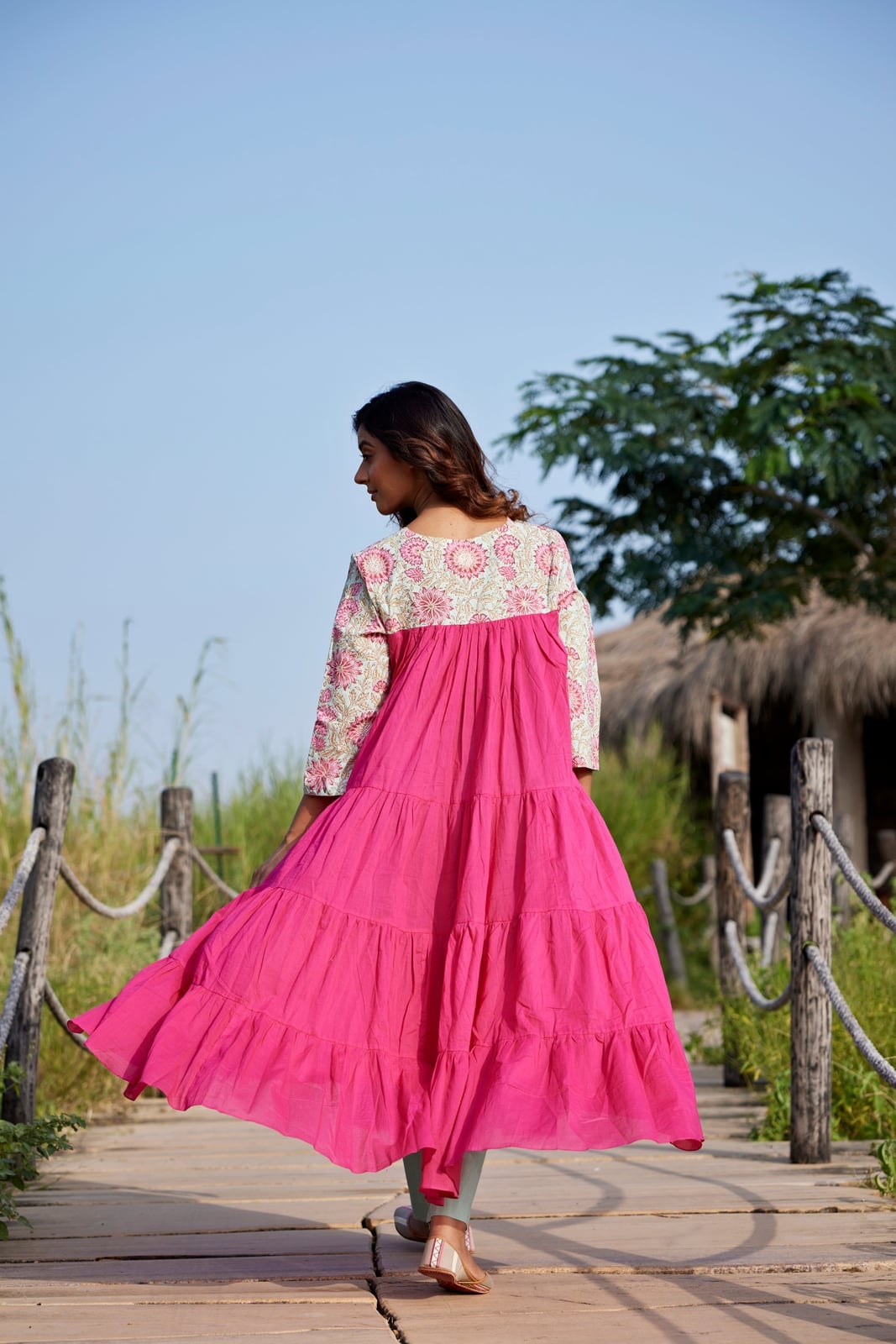 Hot Pink Tiered Cotton Dress with Floral Print, Flats Hot Pink Tiered Cotton Dress with Floral Print, Flats — Trendy Hot Pink Dress