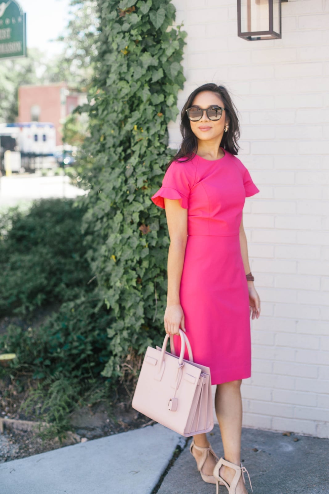 Hot Pink Sheath Dress with Ruffle Sleeves Hot Pink Sheath Dress with Ruffle Sleeves — Trendy Hot Pink Dress