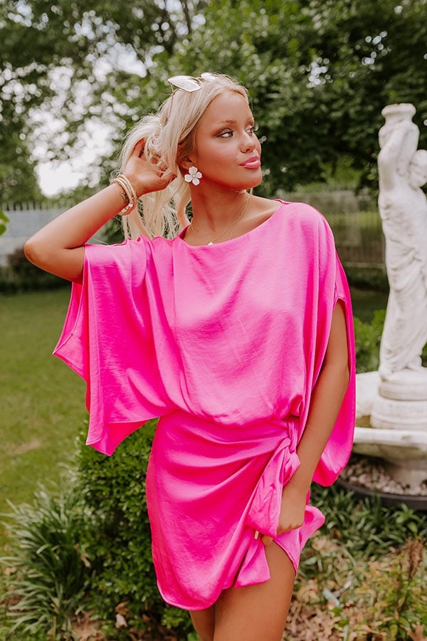 Hot Pink Satin Mini Dress with Draped Waist Hot Pink Satin Mini Dress with Draped Waist — Trendy Hot Pink Dress